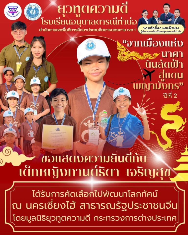 ขอแสดงความยินดีกับ เด็กหญิงกานต์ธิดา เจริญสุข ได้รับการคัดเลือกไปพัฒนาโลกทัศน์ ณ นครเซี่ยงไฮ้ สาธารณรัฐประชาชนจีน โดยมูลนิธิยุวทูตความดี